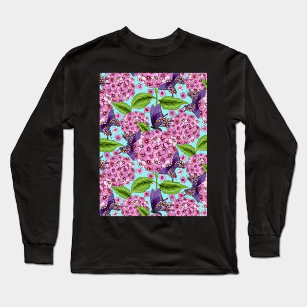 Hydrangea And Butterflies Pattern Long Sleeve T-Shirt by Designoholic